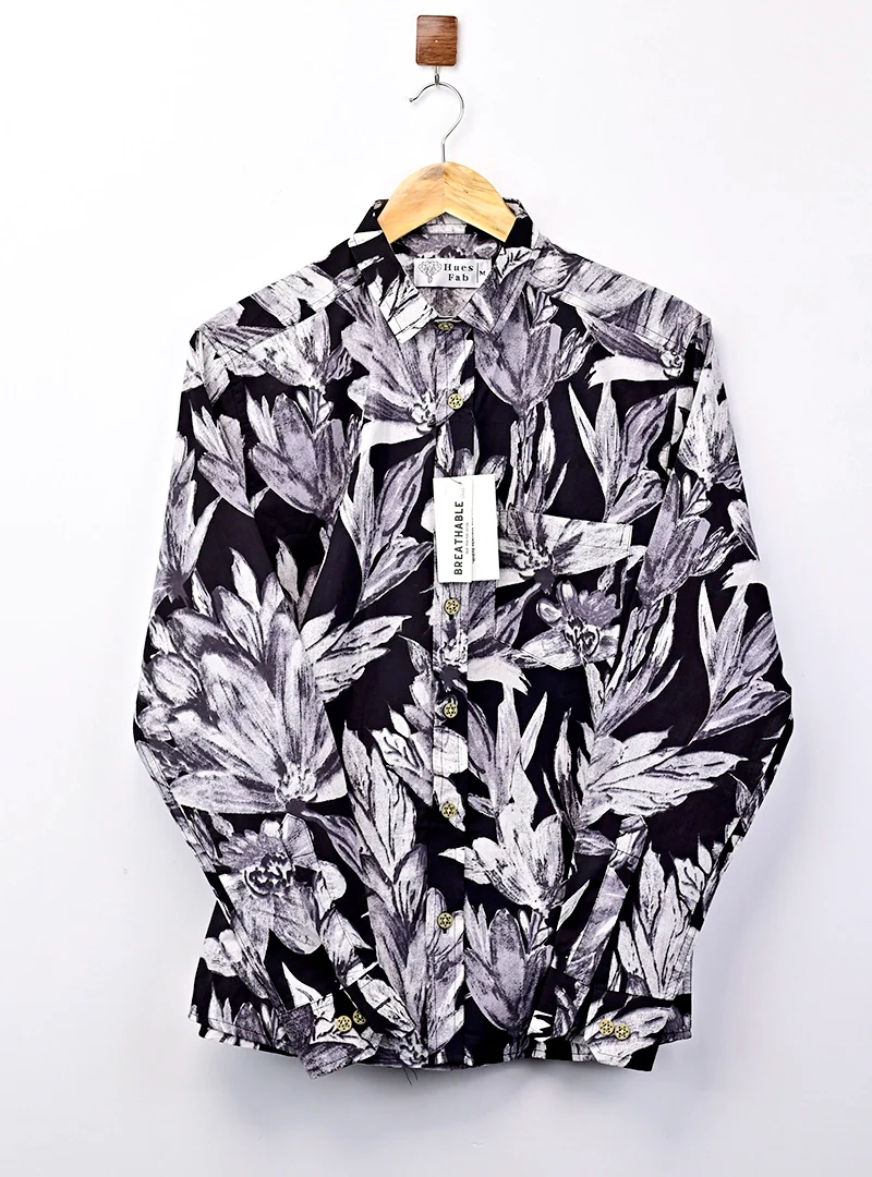 black – White Floral Printed Full Sleeves Shirt - Image 2