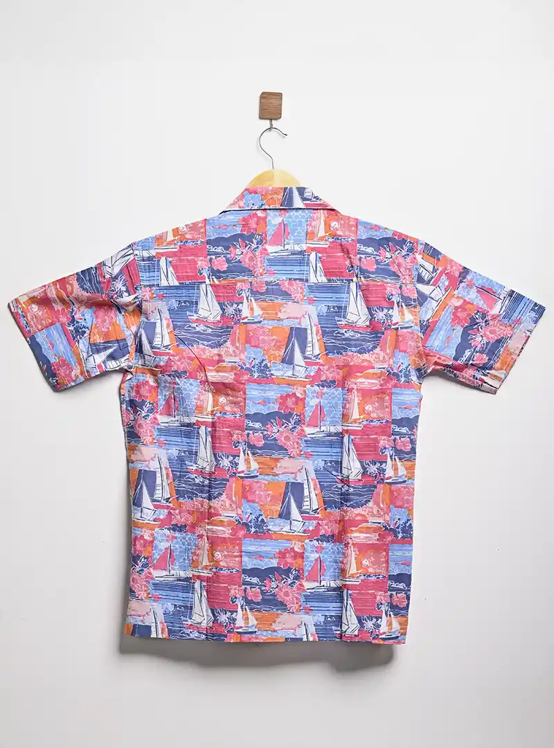 Blue Nautical Boat Print Cuban Collar Resort Shirt - Image 3