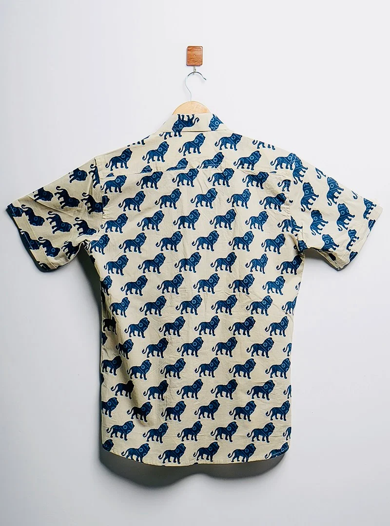 cream blue lion printed half-sleeves shirt - Image 3