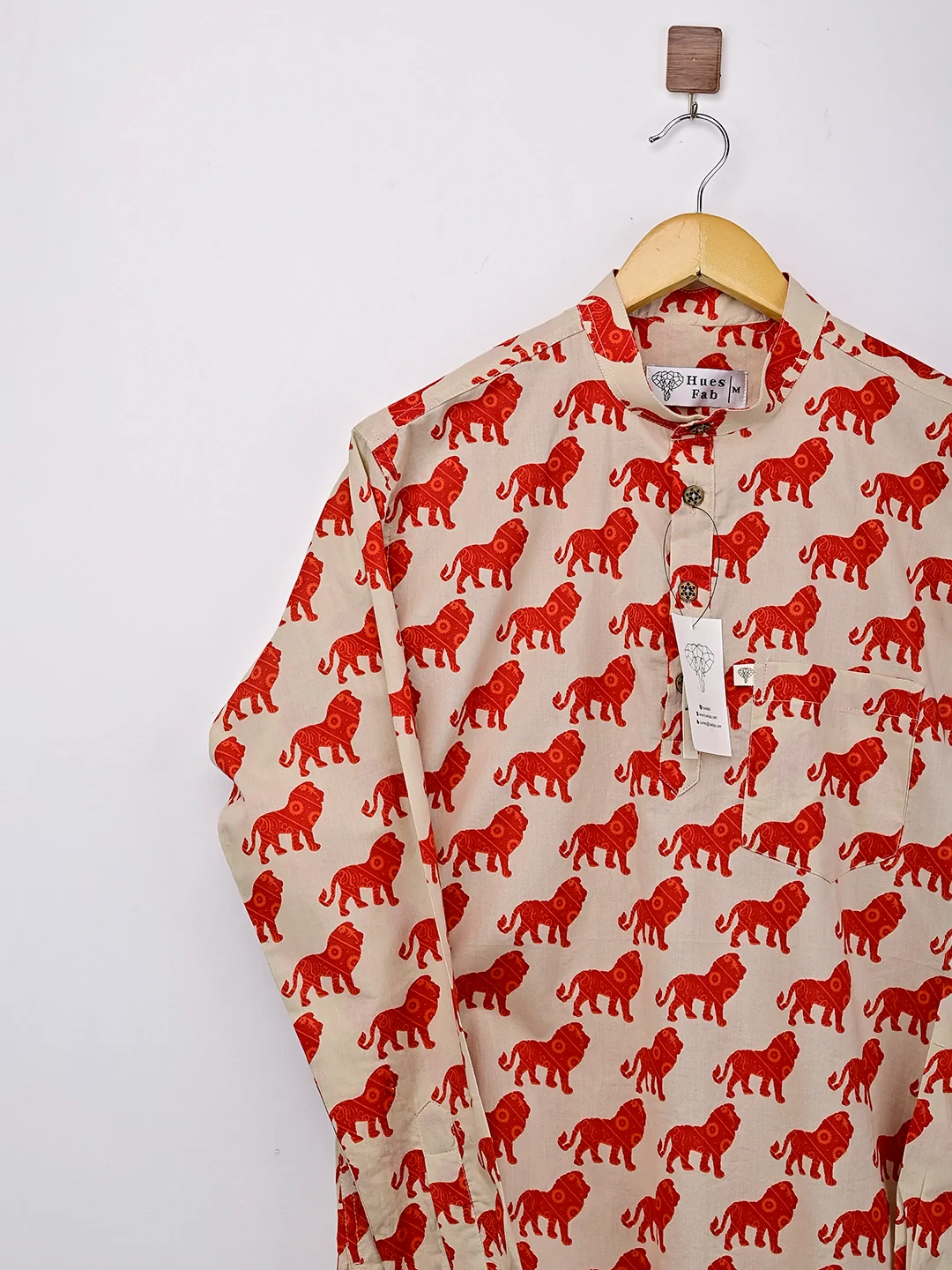 cream red lion printed short kurta - Image 4