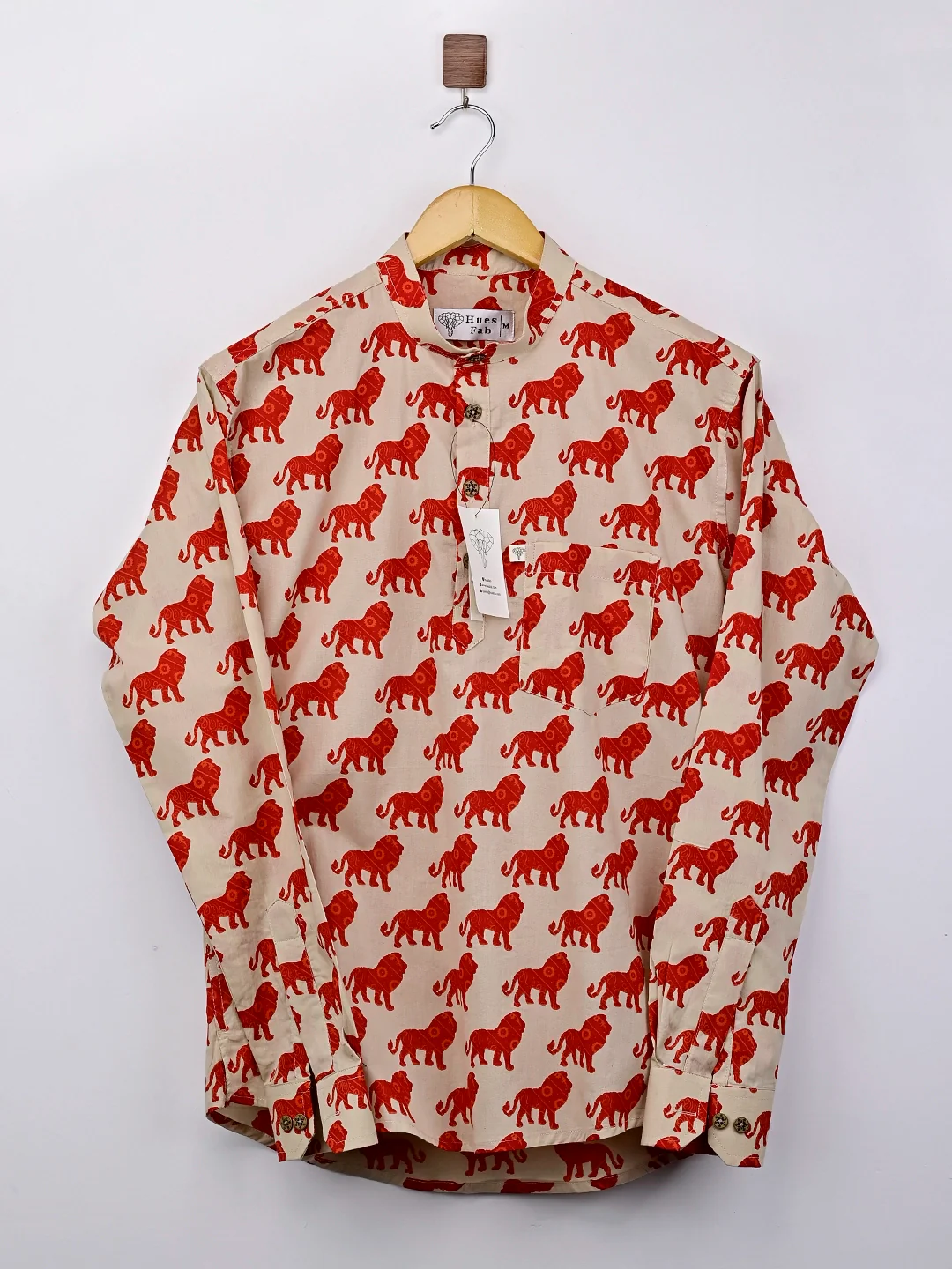 cream red lion printed short kurta - Image 5