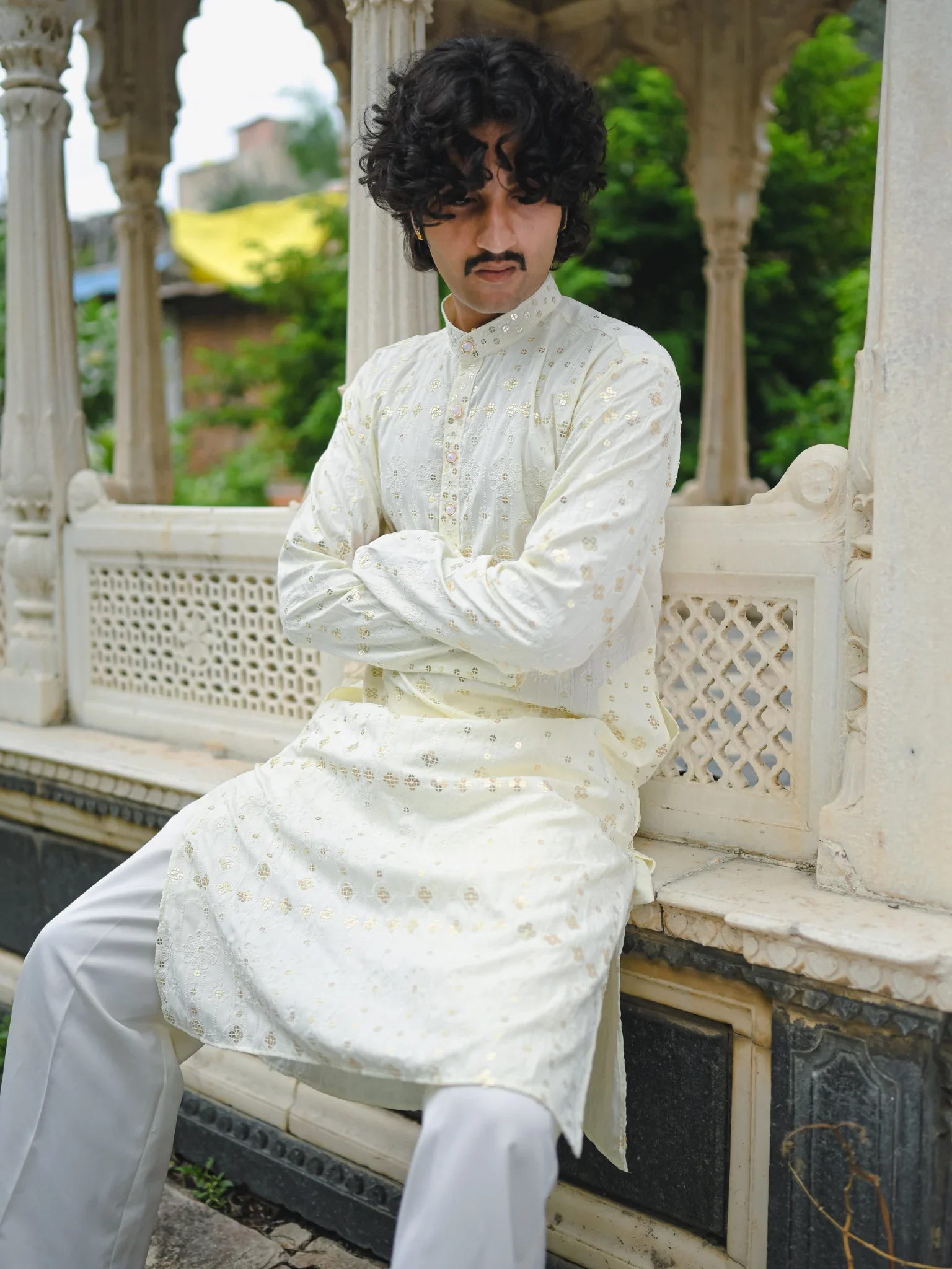 Cream Thread And Mirror Work Long Kurta - Image 2