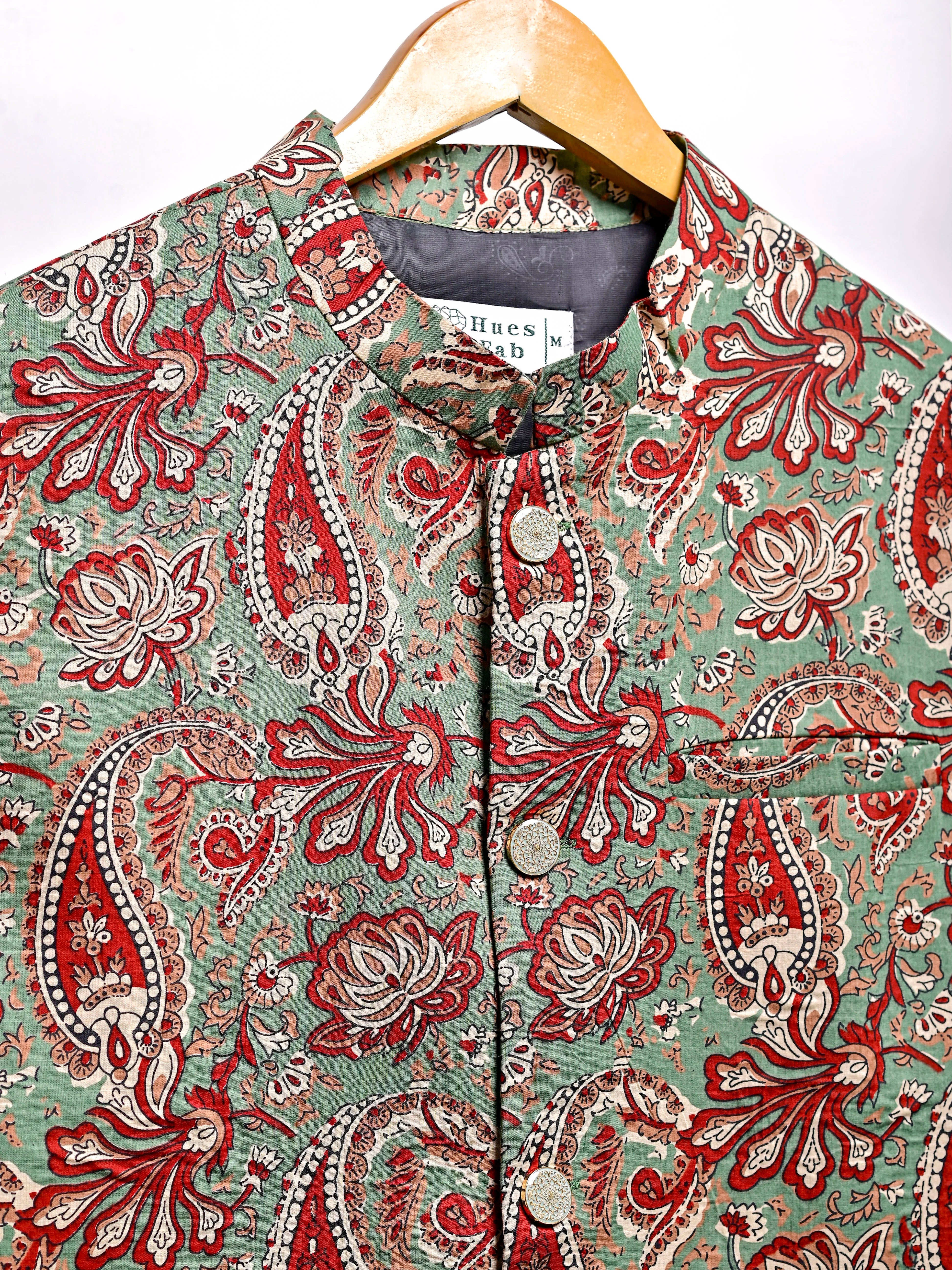 Green Red Paisley Printed Nehru Jacket - Image 3