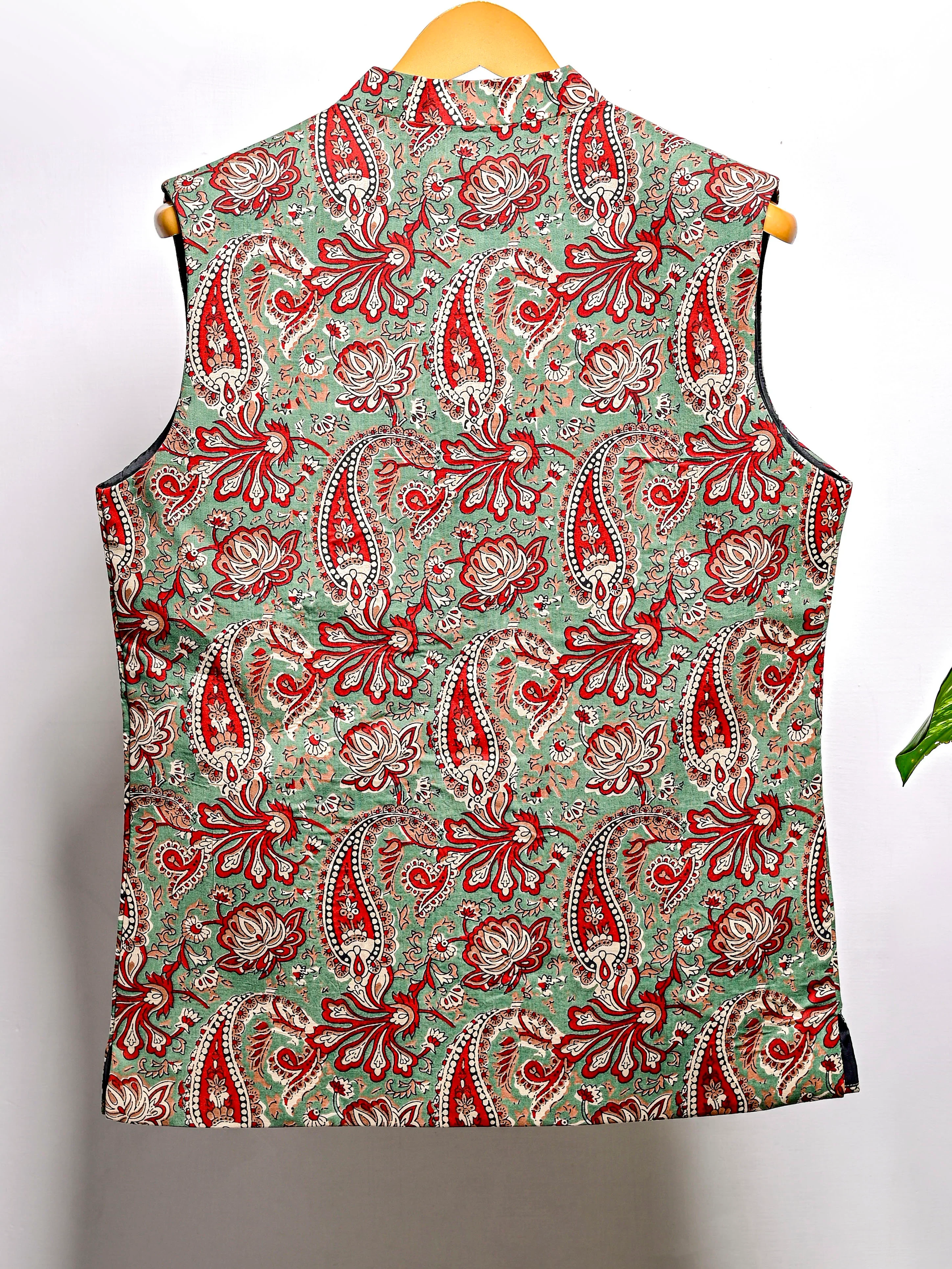 Green Red Paisley Printed Nehru Jacket - Image 4