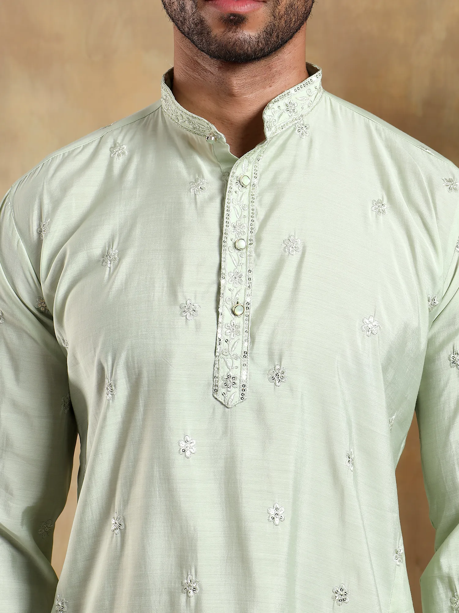 Light Green Embroidered Long Kurta - Image 3