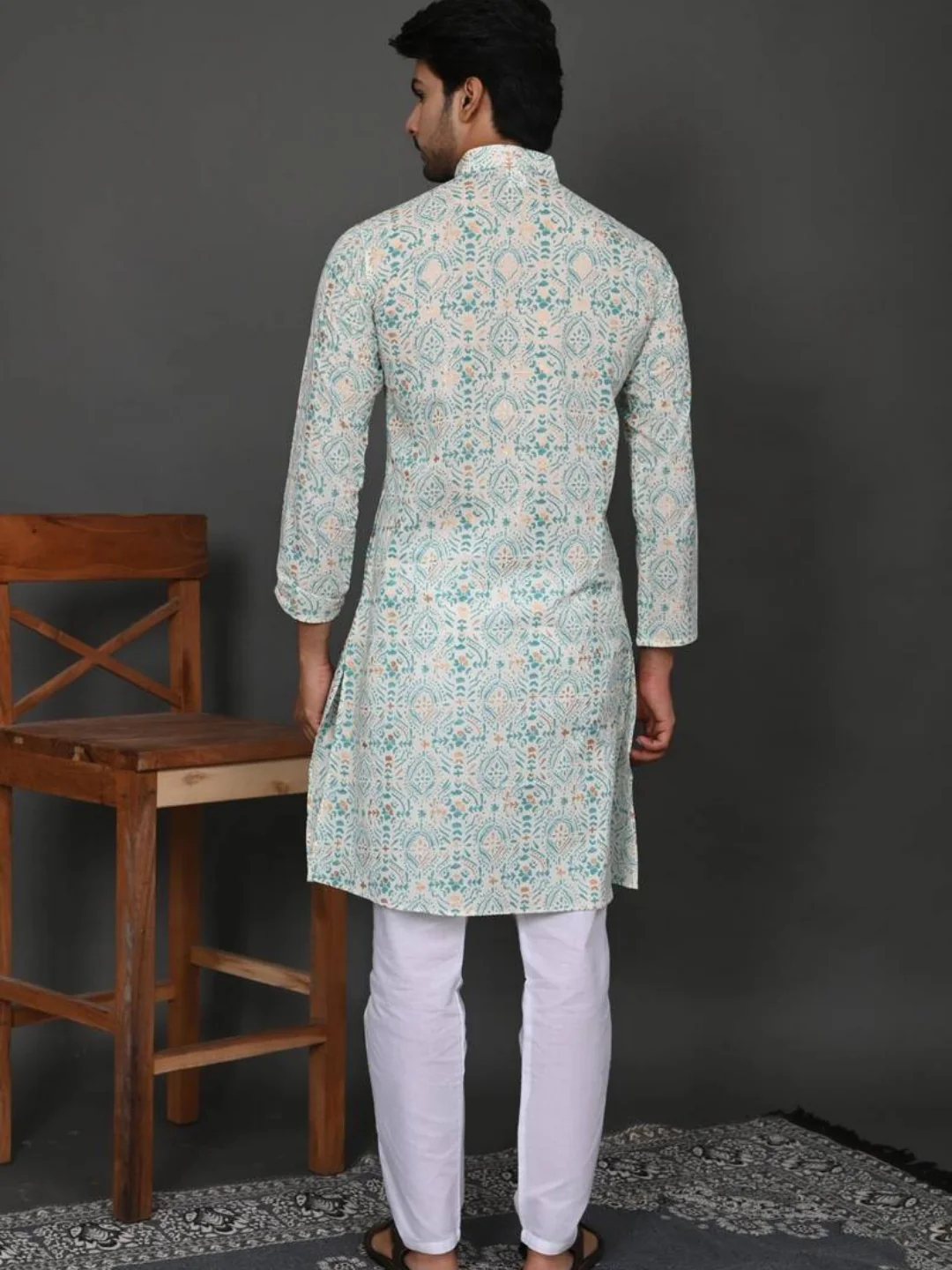 Mint Golden Block Print Long Kurta & Pyjama Set - Image 4