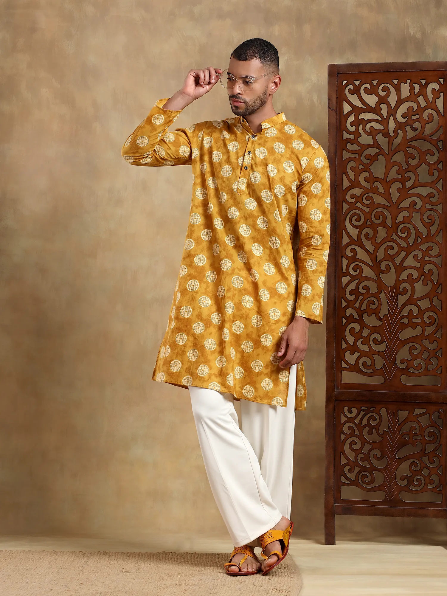 Mustard Orbit Printed Long Kurta & pyjama set - Image 2