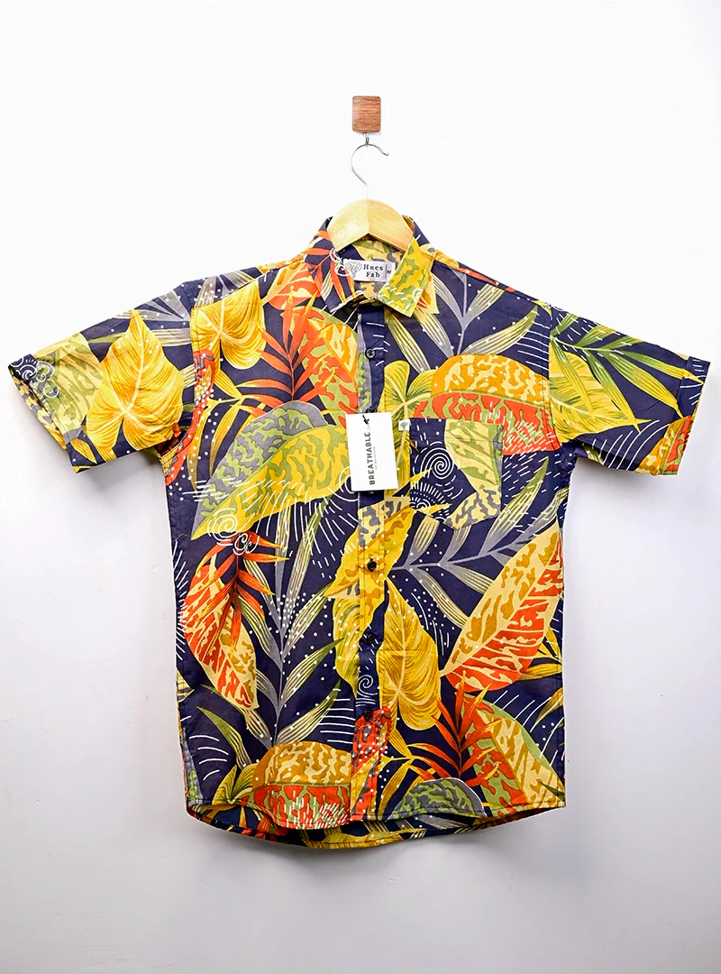 Navy Blue - Yellow Leaf Half Sleeves Shirt - Image 2
