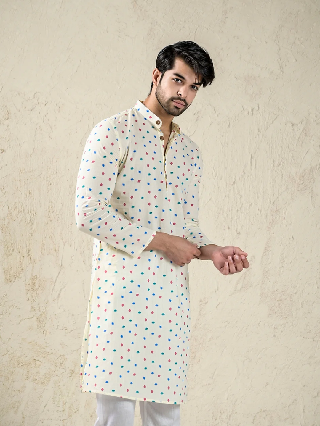 Off White Block Print Style Long Kurta & Pyjama Set - Image 3