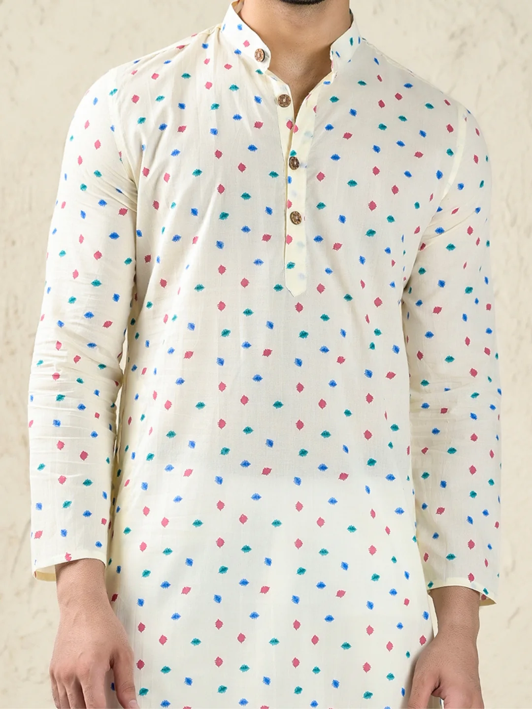 Off White Block Print Style Long Kurta & Pyjama Set - Image 4