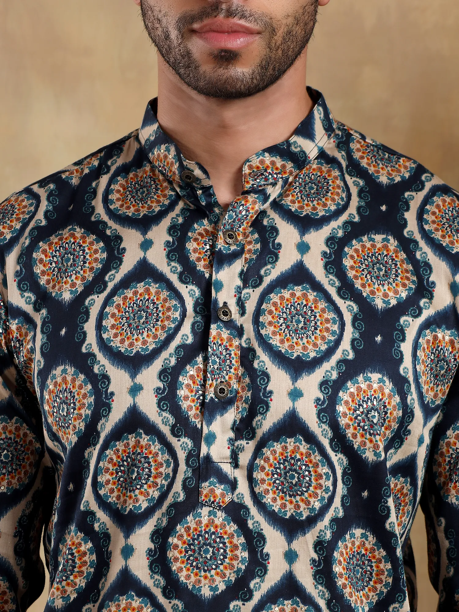 Off White - Navy Printed Long Kurta - Image 3