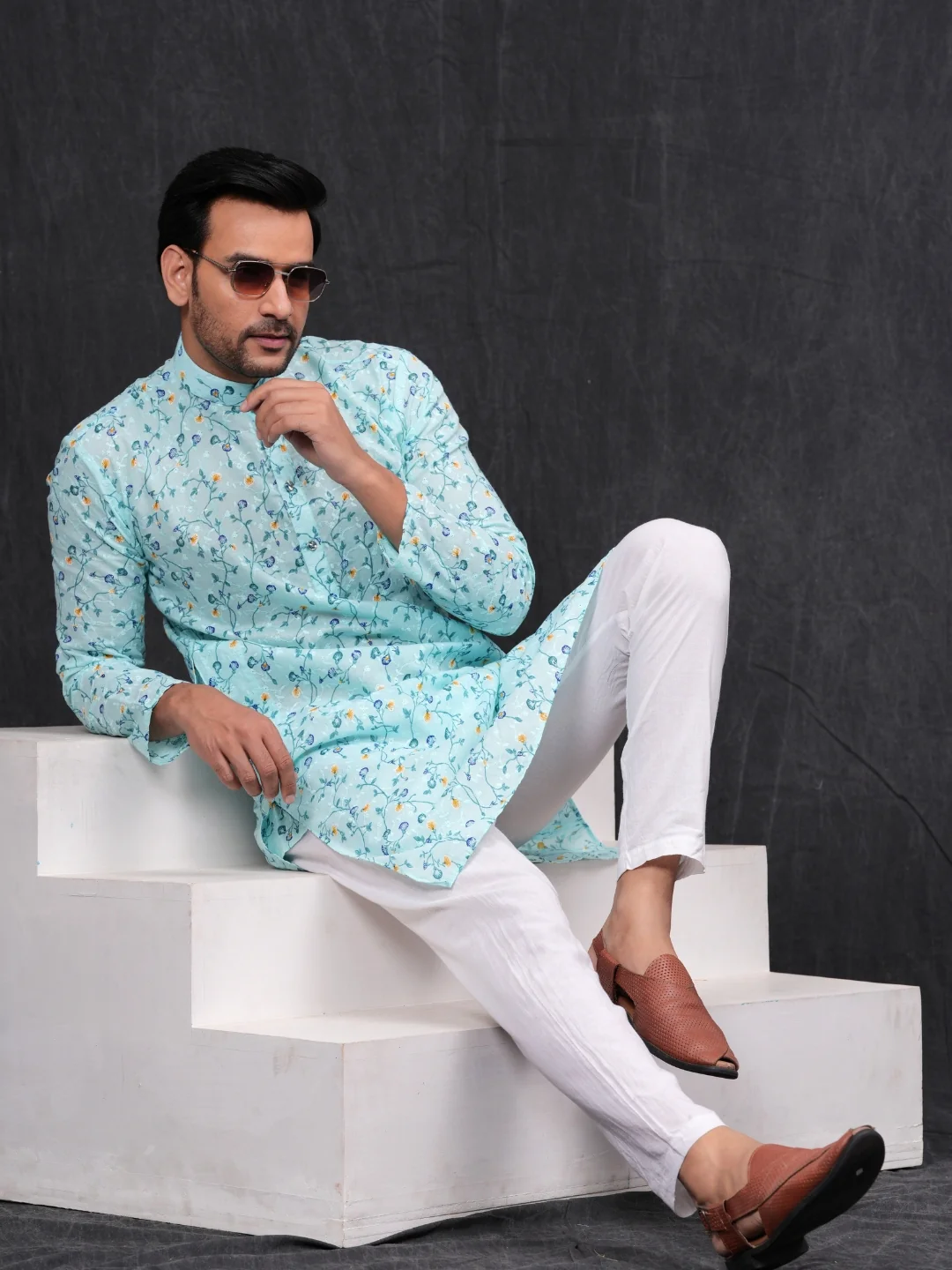 SkyBlue Chikankari Leaf Printed Kurta & Pajama Set - Image 3
