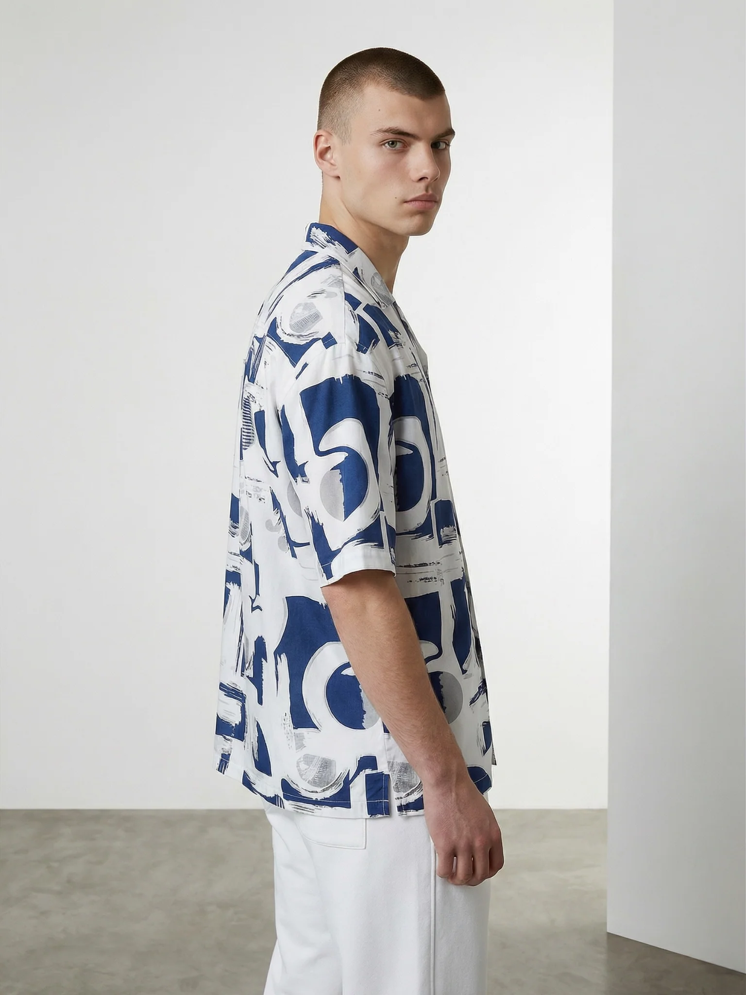 White – Blue Abstract Cuban Collar Resort Shirt - Image 3