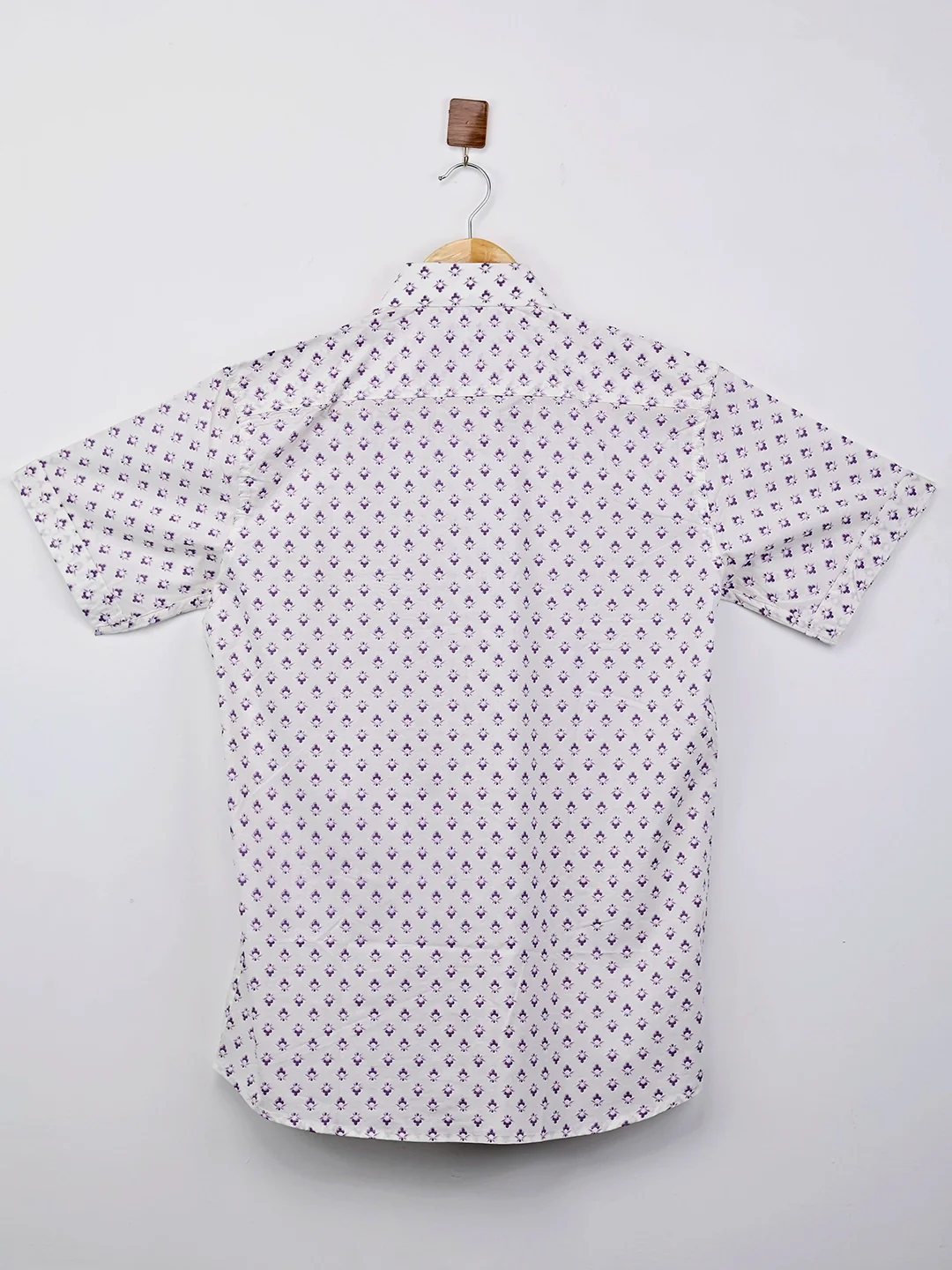 White – Purple Motif Printed Half-Sleeves Shirt - Image 3