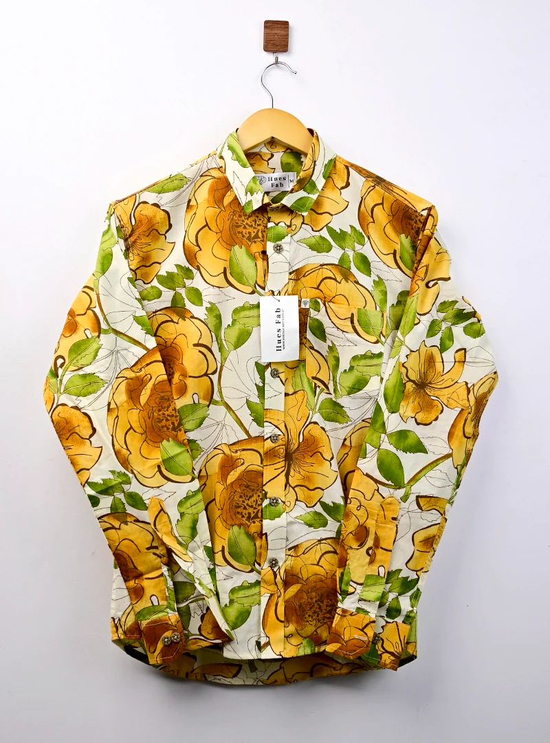 White Yellow Flower Printed Full Sleeves Shirt - Image 2