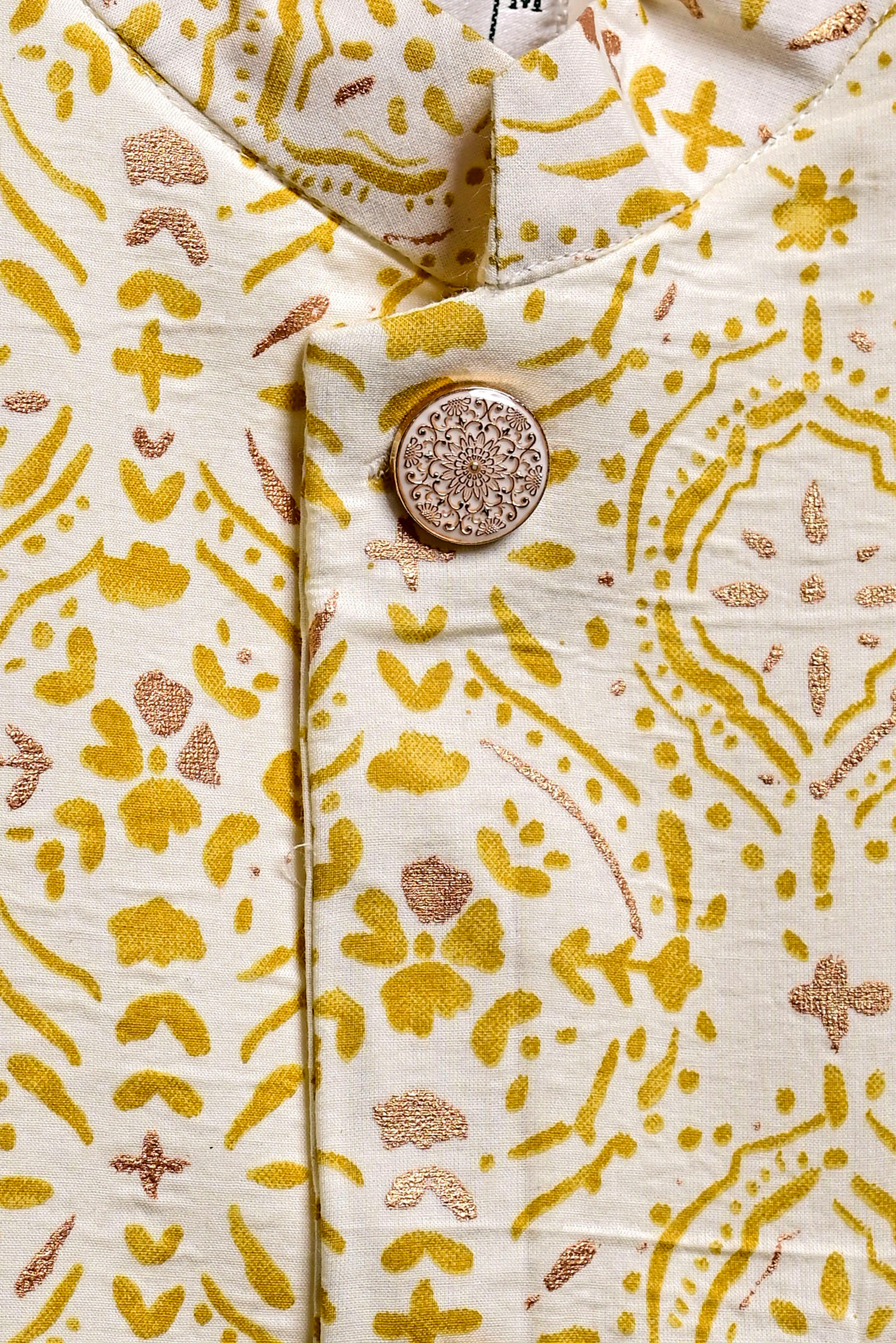 Yellow Glitter Block Printed Nehru Jacket - Image 4